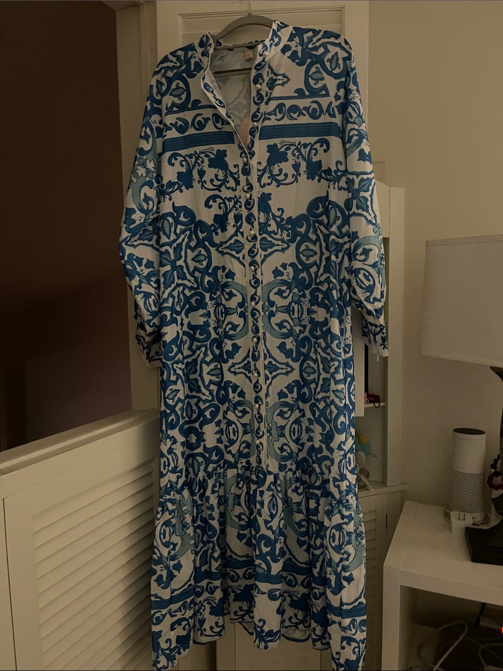 Blue & White Printed Maxi Dress - Elegant Button-Front Style (pearl button )